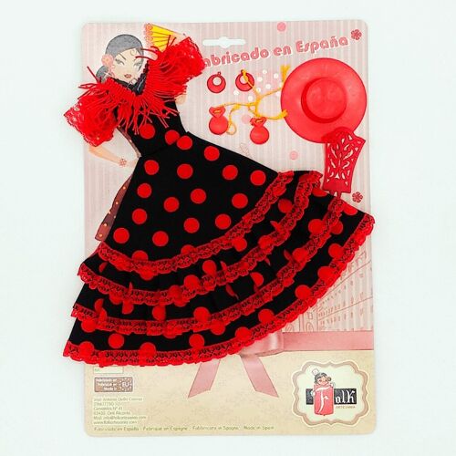 Set vestido, pendientes, peineta, sombrero y castañuelas Flamenca Andaluza muñeca maniquí. Muñeca no incluida. - Tejido negro lunar rojo (SKU: 502 NR)