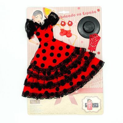 Ensemble robe, boucles d'oreilles, peigne, chapeau et castagnettes Mannequin de poupée Flamenco Andalouse. Poupée non incluse. - Tissu rouge lunaire noir (SKU : 502 RN)