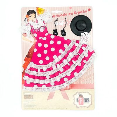 Set dress, earrings, comb, hat and castanets Andalusian Flamenco doll mannequin. Doll not included. - Pink white polka dot fabric (SKU: 502 RS)