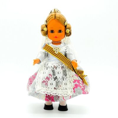 Bambola da collezione di 35 cm. tipico abito regionale Valenciana Fallera (Valencia), realizzato in Spagna da Folk Crafts Dolls. - Corpo argento (SKU: 307 PLA)