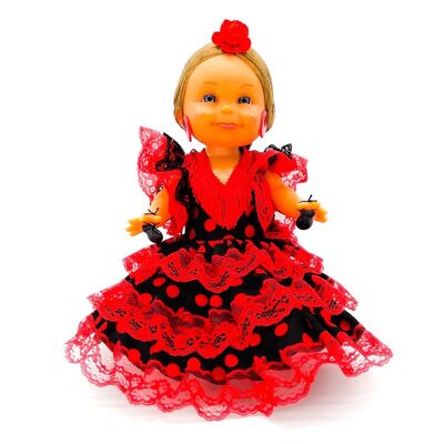 Muñeca Lara de 32 cm con vestido regional Andaluza Flamenca edición especial limitada. Fabricada en España. - Tejido negro lunar rojo (SKU: 602NR)