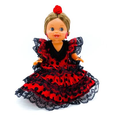 Muñeca Lara de 32 cm con vestido regional Andaluza Flamenca edición especial limitada. Fabricada en España. - Tejido rojo lunar negro (SKU: 602RN)