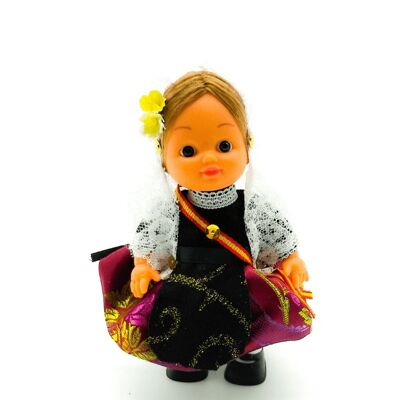 Bambola da collezione di 15 cm. Tipico abito regionale di Alicante o Foguerera (Alicante), realizzato in Spagna da Folk Crafts Dolls. - Gonna bordeaux (SKU: 101BUR)