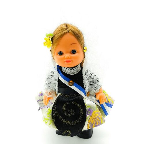 Muñeca de colección de 15 cm. vestido regional típico Alicantina o Foguerera (Alicante), fabricada en España por Folk Artesanía Muñecas. - Falda plata (SKU: 101PLA)