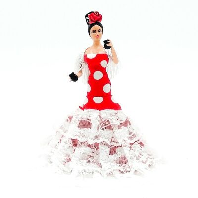 Muñeca regional de alta calidad de 20 cm con peana colección flamenca Folk Artesanía - Tejido rojo lunar blanco (SKU: 619-02 RB)