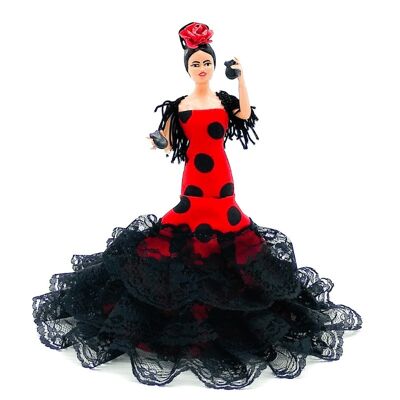 Hochwertige 20 cm große regionale Puppe mit Basis Flemish Folk Crafts Kollektion - Roter schwarzer Tupfenstoff (SKU: 619-02 RN)