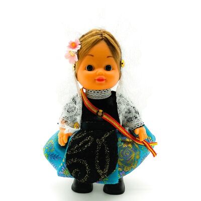 15 cm collectible doll. typical regional dress Alicantina or Foguerera (Alicante), made in Spain by Folk Crafts Dolls. - Turquoise skirt (SKU: 101TUR)