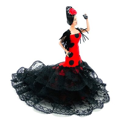 Muñeca regional de alta calidad de 20 cm con peana colección flamenca Folk Artesanía edición clásica - Tejido rojo lunar negro (SKU: 619N-02 RN)