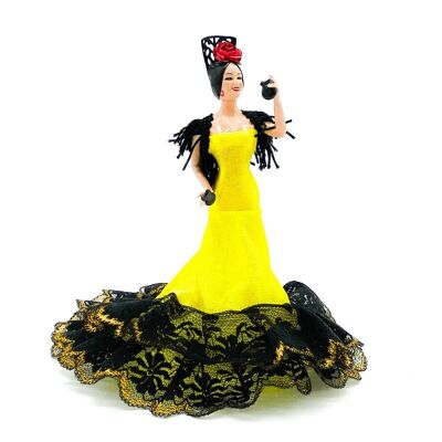Muñeca regional de alta calidad de 20 cm con peana colección flamenca Folk Artesanía edición clásica serie limitada - Amarillo liso (SKU: 619O-LO)