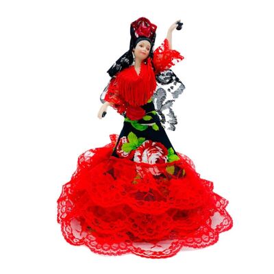 28 cm große Porzellan-Sammelpuppe. Andalusisches oder Flamenco-typisches regionales Kleid, hergestellt in Spanien von Folk Crafts Dolls. - Stoff mit Blumendruck (SKU: 730E)