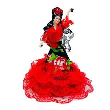 Poupée de collection en porcelaine de 28 cm. Robe régionale typique andalouse ou flamenca, fabriquée en Espagne par Folk Crafts Dolls. - Tissu imprimé fleuri (SKU : 730E) 1