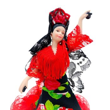 Poupée de collection en porcelaine de 28 cm. Robe régionale typique andalouse ou flamenca, fabriquée en Espagne par Folk Crafts Dolls. - Tissu imprimé fleuri (SKU : 730E) 2