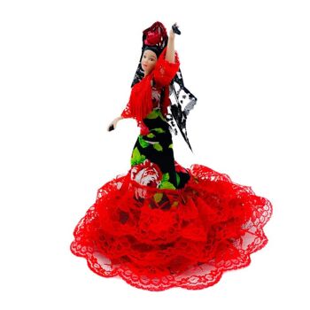 Poupée de collection en porcelaine de 28 cm. Robe régionale typique andalouse ou flamenca, fabriquée en Espagne par Folk Crafts Dolls. - Tissu imprimé fleuri (SKU : 730E) 4