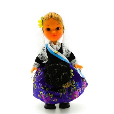 25 cm collectible doll. typical regional dress Alicantina or Foguerera (Alicante), made in Spain by Folk Crafts Dolls. - Purple skirt (SKU: 201LIL)
