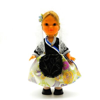 Bambola da collezione di 25 cm. Tipico abito regionale di Alicante o Foguerera (Alicante), realizzato in Spagna da Folk Crafts Dolls. - Gonna argento (SKU: 201PLA)