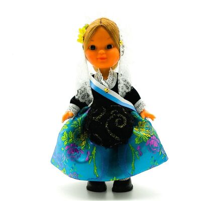 25 cm collectible doll. typical regional dress Alicantina or Foguerera (Alicante), made in Spain by Folk Crafts Dolls. - Turquoise skirt (SKU: 201TUR)
