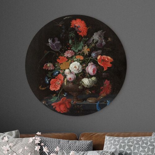 Muurcirkel Stilleven met bloemen en een horloge van Abraham Mignon - 75cm - wandcirkel