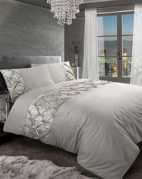 Pintuck Crushed Velvet Duvet Cover 100% Egyptian Cotton Quilt Covers Bedding Sets Double King Super King Size - Double , Silver