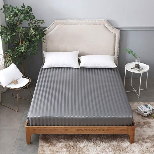 600 Thread Count Stripe Duvet Cover with Pillowcase Bedding Set Double King Super King Size - Double - Fitted Sheet , Grey
