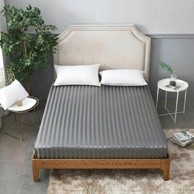 Drap-housse à rayures 600 fils/cm² 100 % coton égyptien Double King Super King Size - Super King , Gris