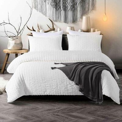 Seersucker Duvet Cover with Pillowcases 100% Egyptian Cotton Bedding Sets - Double , White