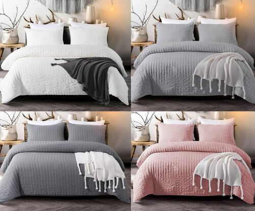 Seersucker Duvet Cover with Pillowcases 100% Egyptian Cotton Bedding Sets - Double , Silver