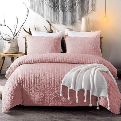 Seersucker Duvet Cover with Pillowcases 100% Egyptian Cotton Bedding Sets - Double , Pink