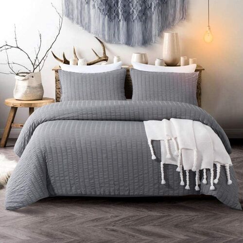 Seersucker Duvet Cover with Pillowcases 100% Egyptian Cotton Bedding Sets - Double , Charcoal Grey