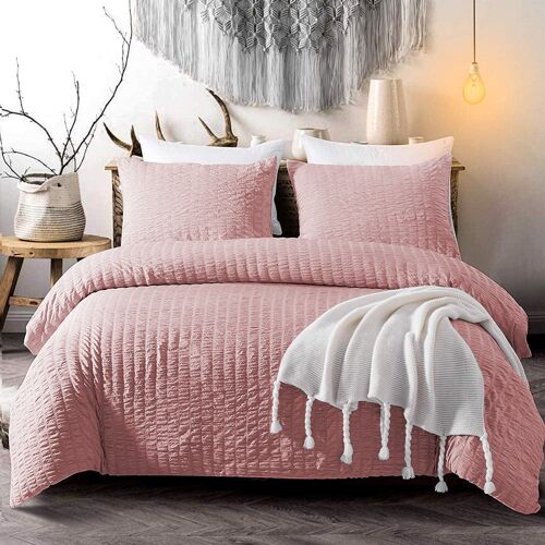 Seersucker Duvet Cover with Pillowcases 100% Egyptian Cotton Bedding Sets - King , Pink