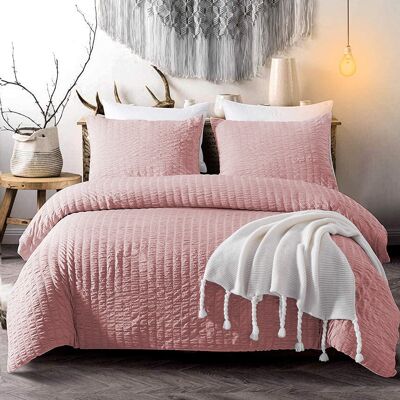 Bettbezug aus Seersucker mit Kissenbezügen, Bettwäsche-Sets aus 100 % ägyptischer Baumwolle – Super-King-Size-Bett, Pink