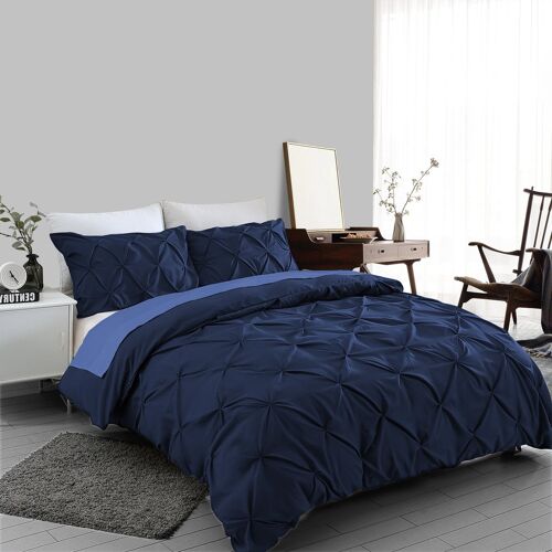 Navy Pin tuck Duvet Cover 100% Cotton Bedding Sets Single Double King Super King Sizes - Double , Double