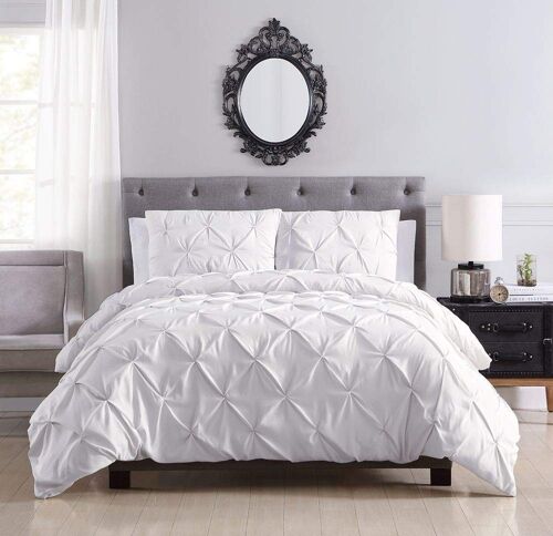 White Pin tuck Duvet Cover Set 100% Cotton Quilt Bedding Bed Sets Single Double King Super King Size - Double , Double