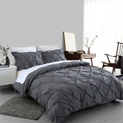 Charcoal Pin tuck Duvet Cover 100% Cotton Bedding Sets Single Double King Super King Sizes - King , Grey