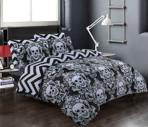 Printed Designer Duvet Cover with Pillowcases 100% Cotton Quilt Covers Bedding Sets - Double Black , Skull Black