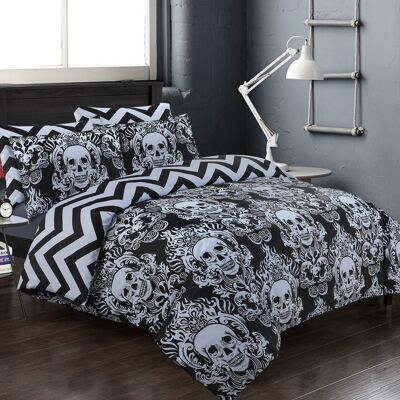 Printed Designer Duvet Cover with Pillowcases 100% Cotton Quilt Covers Bedding Sets - Double Black , Skull Black