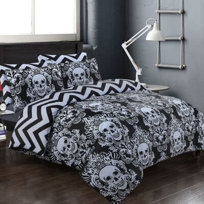 Copripiumino di design stampato con federe Copripiumini 100% cotone Set biancheria da letto - Doppio nero, teschio nero