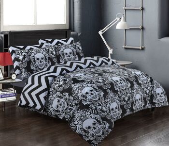 Housse de couette design imprimée avec taies d'oreiller Housses de couette 100% coton Ensembles de literie - Super King Black, Skull Black