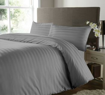 Parure de lit en satin à rayures 500 fils avec taies d'oreiller 100 % coton égyptien – Double – 500 fils au pouce, gris