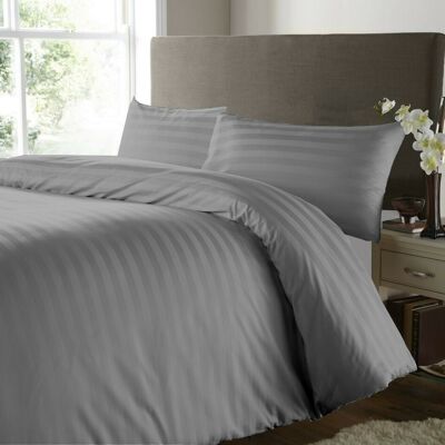 Parure de lit en satin à rayures 500 fils avec taies d'oreiller 100 % coton égyptien – Double – 500 fils au pouce, gris
