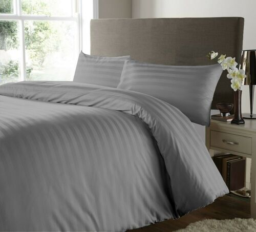 500 Thread Count Satin Stripe Duvet Cover with Pillowcases 100% Egyptian Cotton Bedding Set - Super King - 500 Thread Count , Grey