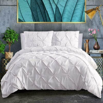 Pin Tuck Duvet Cover with Pillowcases 100% Cotton Bedding Set Single Double King Super King Sizes , White