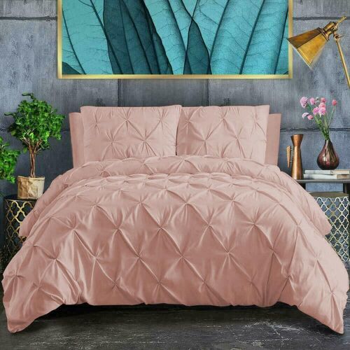 Pin Tuck Duvet Cover with Pillowcases 100% Cotton Bedding Set Single Double King Super King Sizes , Blush Pink