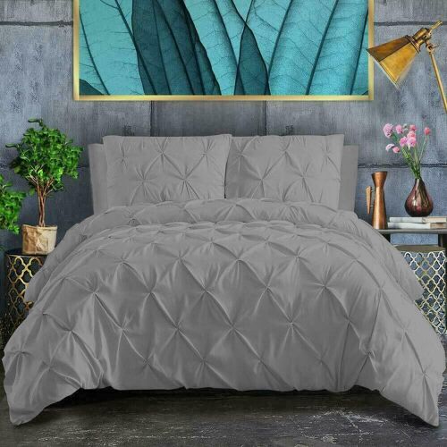 Pin Tuck Duvet Cover with Pillowcases 100% Cotton Bedding Set Single Double King Super King Sizes - Double , Silver
