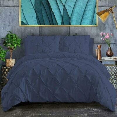 Pin Tuck Duvet Cover with Pillowcases 100% Cotton Bedding Set Single Double King Super King Sizes - Double , Navy