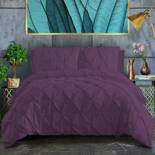 Pin Tuck Duvet Cover with Pillowcases 100% Cotton Bedding Set Single Double King Super King Sizes - Double , Plum