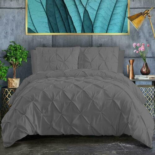 Pin Tuck Duvet Cover with Pillowcases 100% Cotton Bedding Set Single Double King Super King Sizes - King , Charcoal Grey