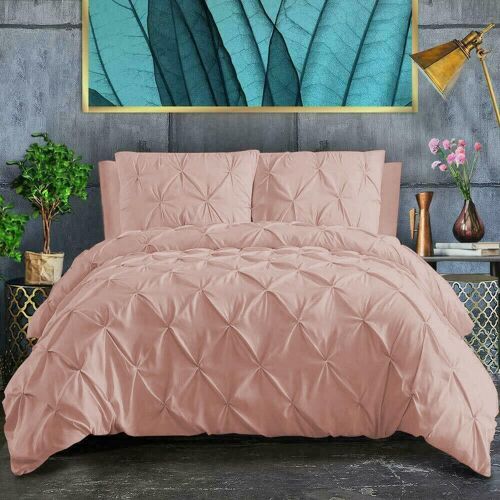 Pin Tuck Duvet Cover with Pillowcases 100% Cotton Bedding Set Single Double King Super King Sizes - King , Blush Pink