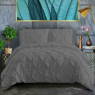 Pin Tuck Duvet Cover with Pillowcases 100% Cotton Bedding Set Single Double King Super King Sizes - Super King , Charcoal Grey