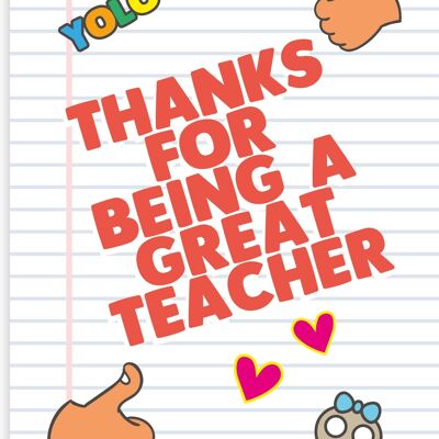 6 x Teacher Cards - Thanks For Being a Great Teacher - K28