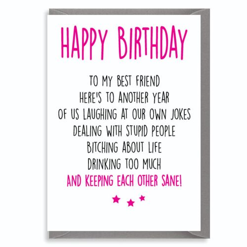 6 x Funny Best Friend Birthday Card, Bestie Birthday, Humour Birthday Card, For Her – Keeping Each Other Sane – C21